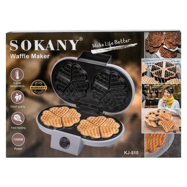 Вафельниця для бельгійських вафель 1200 Вт Sokany KJ-510 у формі серця, 10 шт ∙ Антипригарне покриття