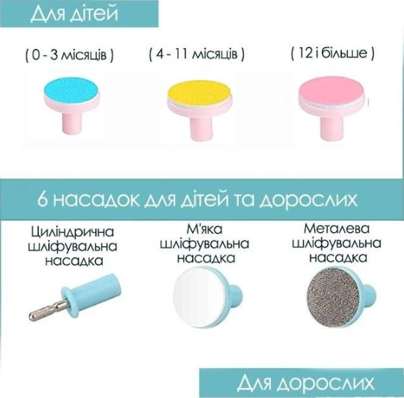 Дитячий триммер для нігтів 6 в 1 Манікюрний набір для дітей та дорослих з насадками для шліфування та полірування в комплекті