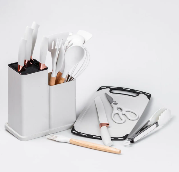 Кухонний набір ножів та аксесуарів Kitchenware Set, 20 предметів ∙ Інструменти для кухні з підставкою та обробною дошкою
