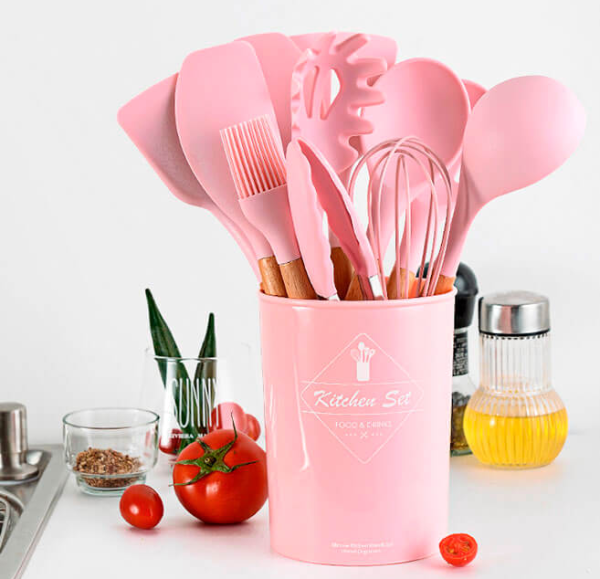 Набір кухонного приладдя Kitchen Set, 12 предметів ∙ Силіконові аксесуари для кухні з підставкою
