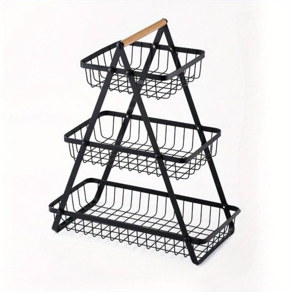 Настільний триярусний кошик - фруктівниця з дерев'яною ручкою Triple Fruit Basket · Розбірний металевий кошик для фруктів