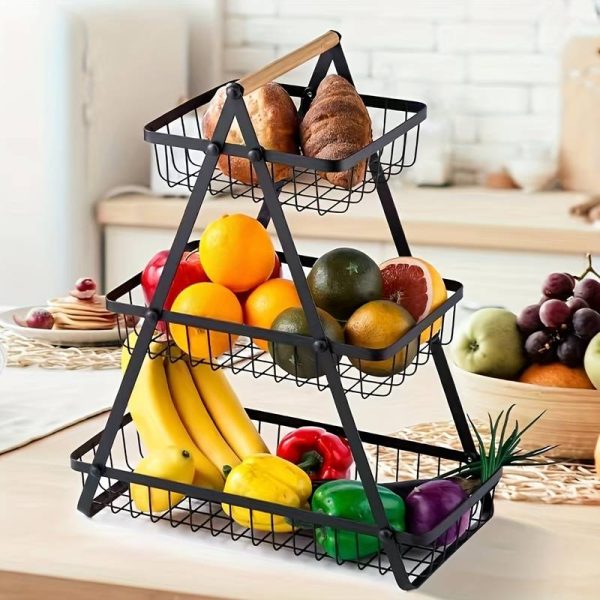 Настільний триярусний кошик - фруктівниця з дерев'яною ручкою Triple Fruit Basket · Розбірний металевий кошик для фруктів