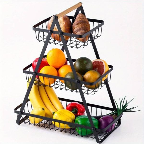 Настільний триярусний кошик - фруктівниця з дерев'яною ручкою Triple Fruit Basket · Розбірний металевий кошик для фруктів